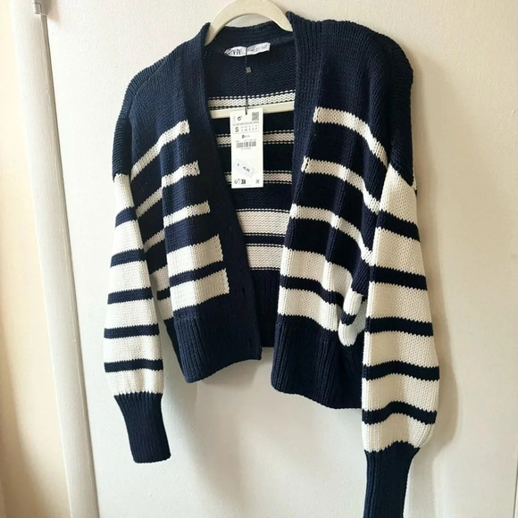 NWT Zara Striped Knit Cardigan Sweater Cropped V Neck Button Down - Picture 11 of 16